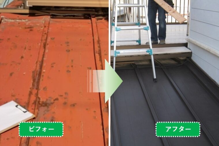 屋根は劣化が激しく、防水紙はぼろぼろでしたのでガルバリウム鋼板瓦棒葺きの貼り替えを行いました。A様邸　外壁・屋根塗装と張替え